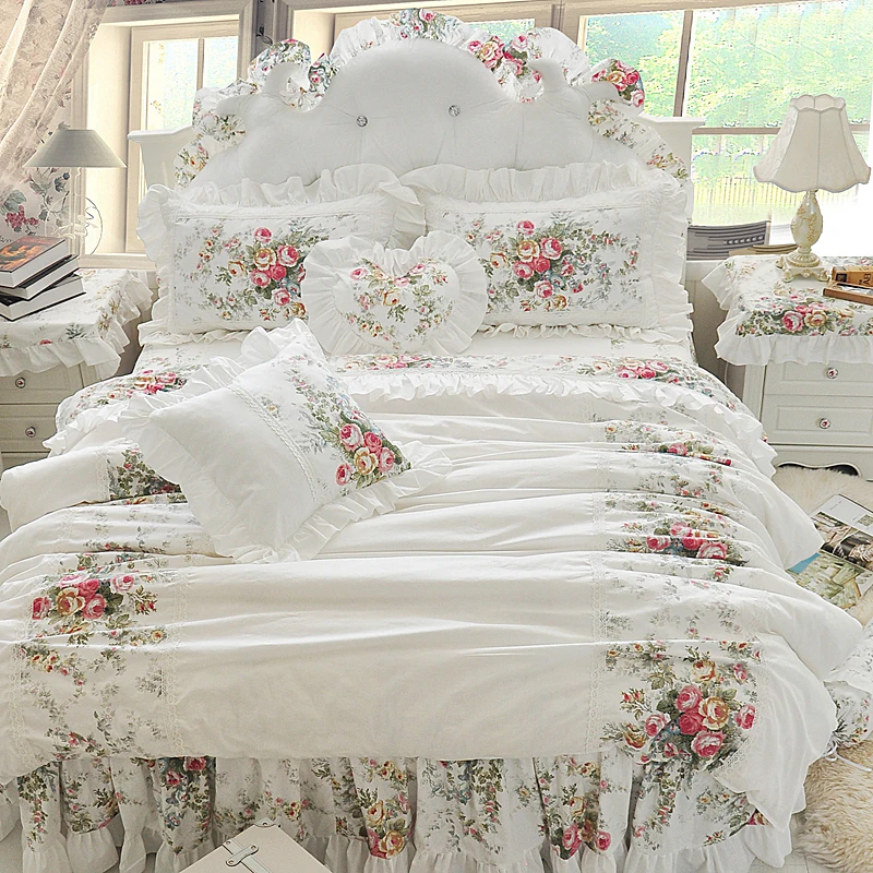 Princess Flowers Printing Lace Ruffles Duvet Cover Bed Skirt Pillowcases 100% Cotton White Bedding Set Home Textile