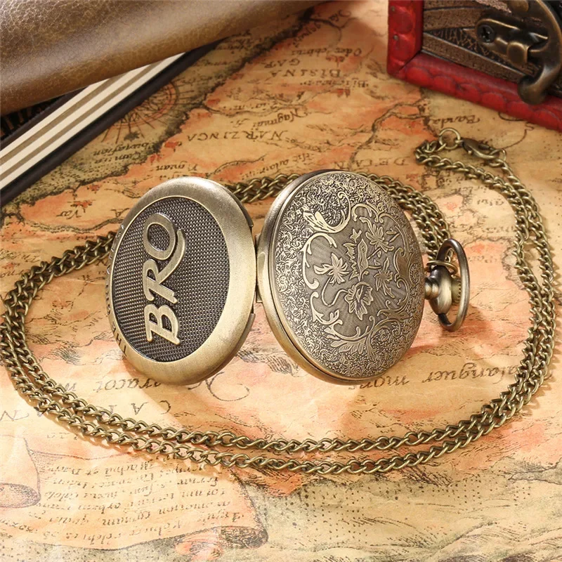 Vintage The Greatest Bro Analog Quartz Pocket Watch for Men Necklace Pendant Chain Arabic Number Clock Gift to Brother