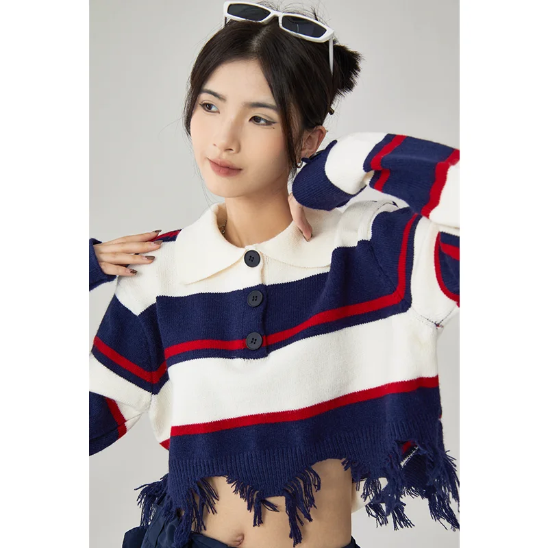 Women Navy Blue Stripe Sweater Short POLO Collar Contrasting Colors Fashion Tassels Leisure Winter Long Sleeves Knitting Tops