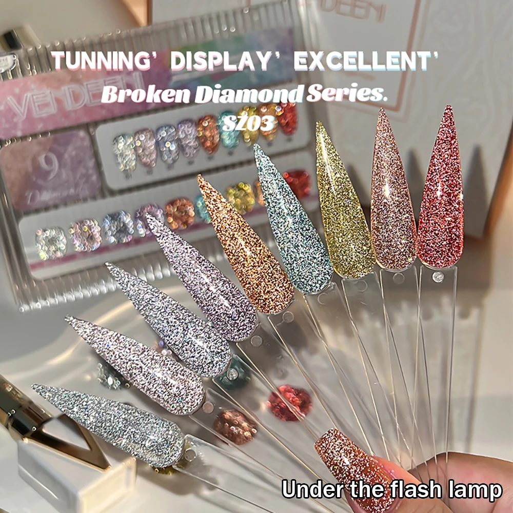 Vendeeni 9 Farben/Set Glitzer-Broken-Diamond-Gel-Nagellack UV LED Soak-Off Gel-Lack Grün Lila Rot Flash Gel mit Display – Detail 14