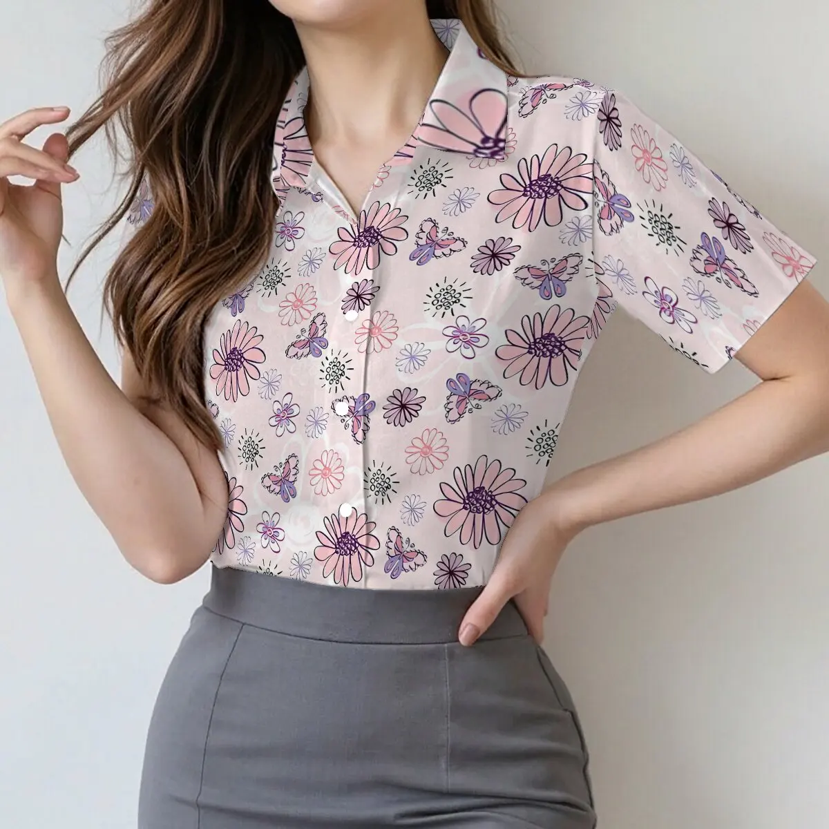 

Summer women's casual short-sleeved shirt with fresh butterfly print and a slimming collar, perfect for everyday wear.
