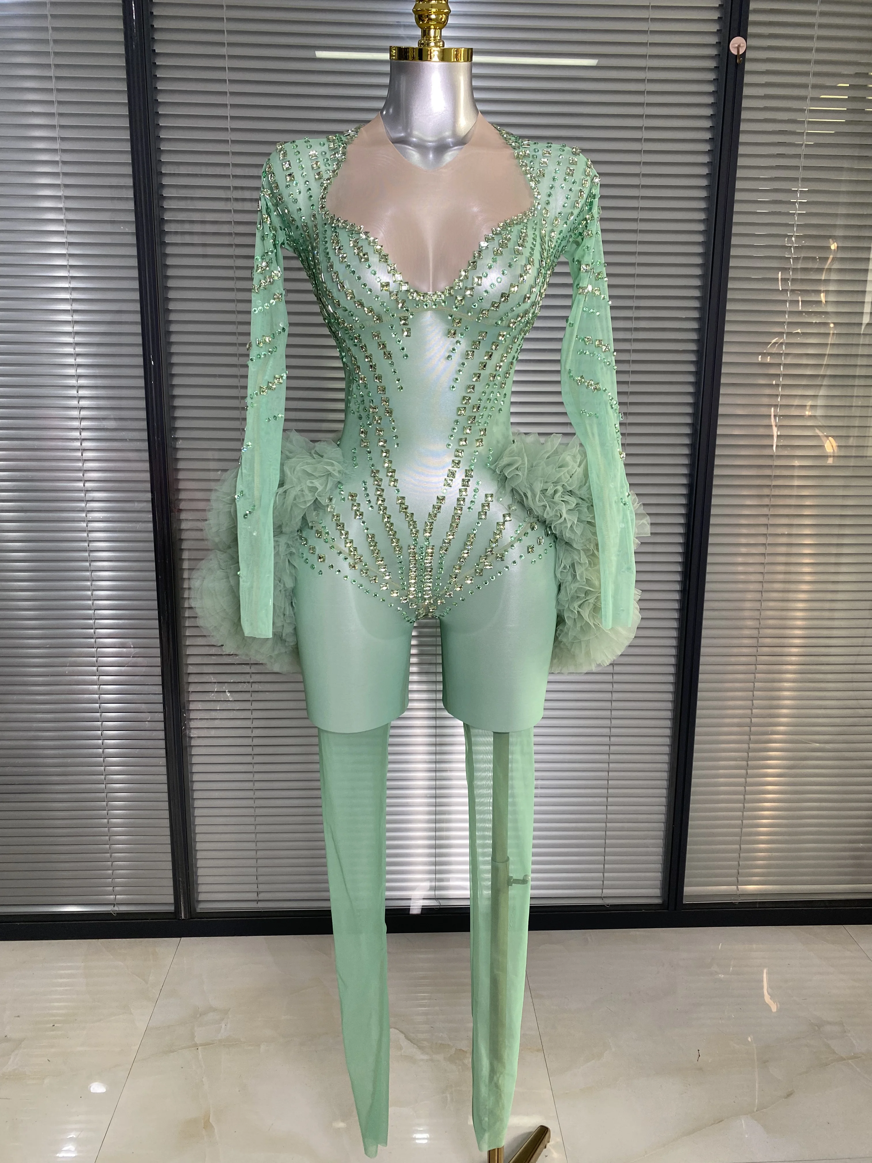 

Women Sexy Sparkly Full Crystals Ruffles See Through Tight Long Sleeve Jumpsuit Birthday Party Nightclub Performance Costume