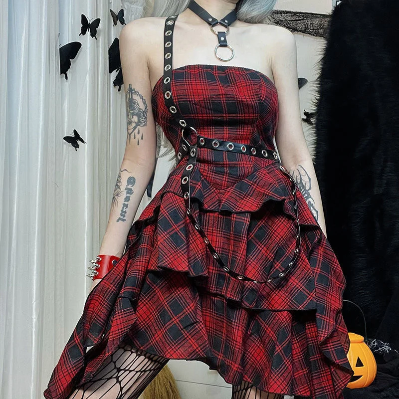 Darklook Diablo irregolare Spice Girl One Shoulder Dress donna Summer subculture Splice Waist Plaid Dress