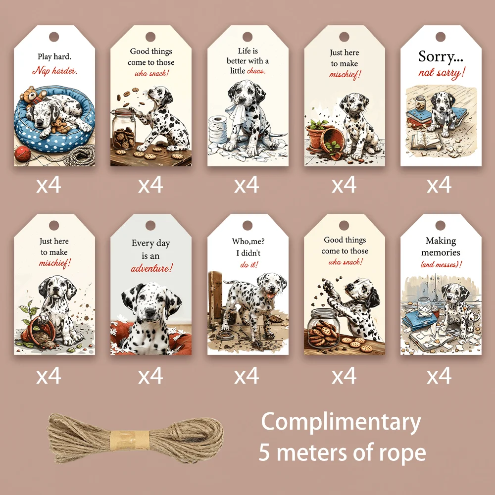 40pcs, Gift Tags, Playful Dalmatian Dog Art Style, Hanging Paper Labels for Gift Wrapping, Holiday Party Decor with String