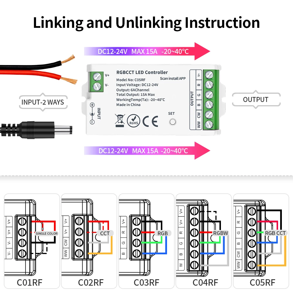CCT RGB RGBW RGBCCT Controller Dimmer C01RF C02RF C03RF C04RF C05RF 2.4GHz RF Touch Remote RC07RF ~ RC09RF Lampada LED con telecomando