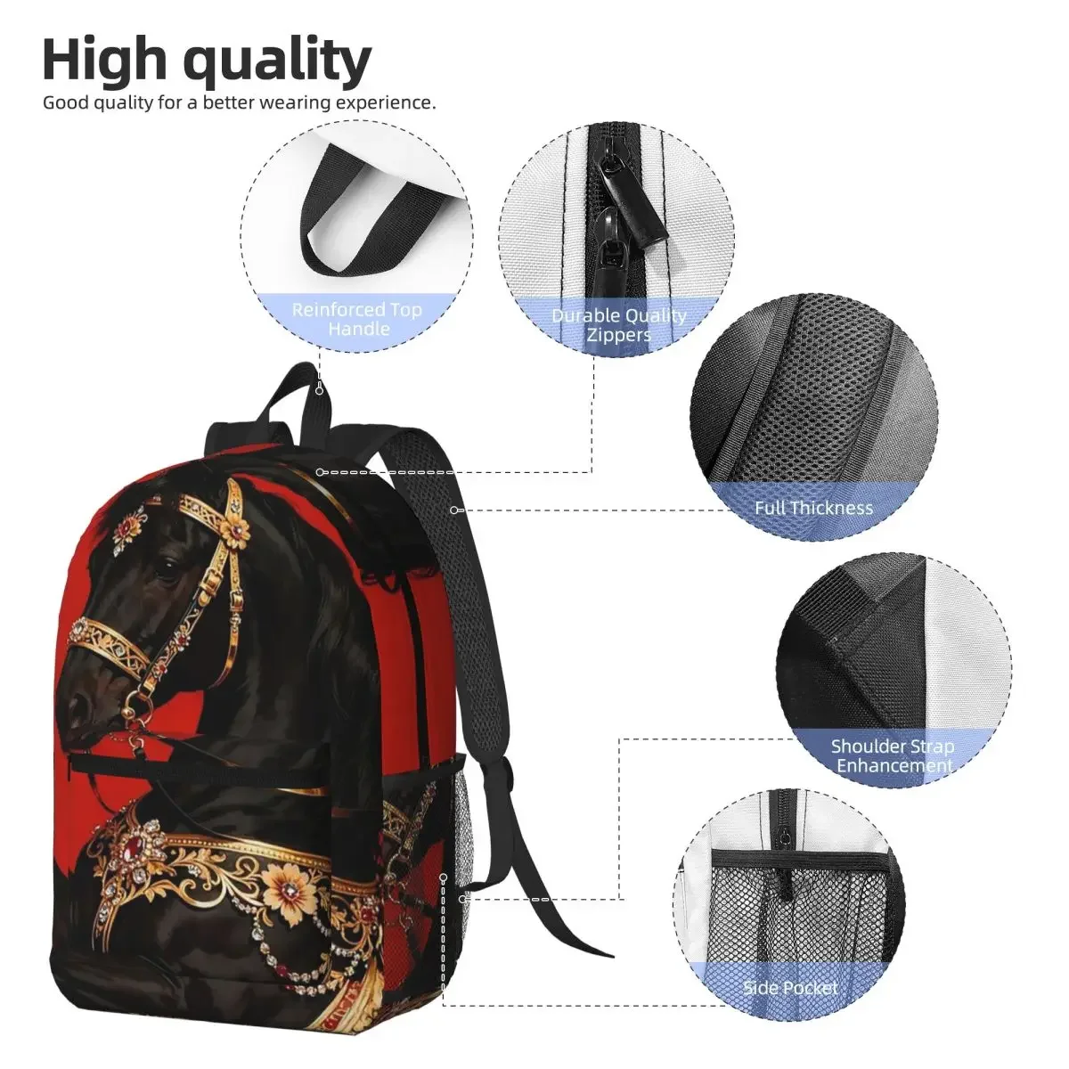 Black Horse Galloping Against Crimson Backdrop Backpack Boys Girls BookBag Children School Bag Computer Shoulder Bags for Unisex