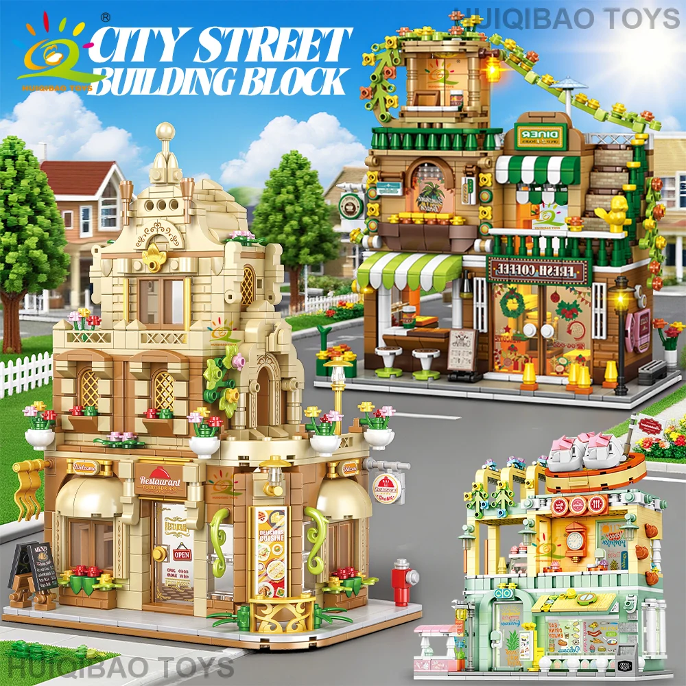 

HUIQIBAO City Street View Кофе Бургер Магазин Модель отеля Строительные блоки DIY Архитектура Коммерческие уличные кирпичи Игрушки для взрослых