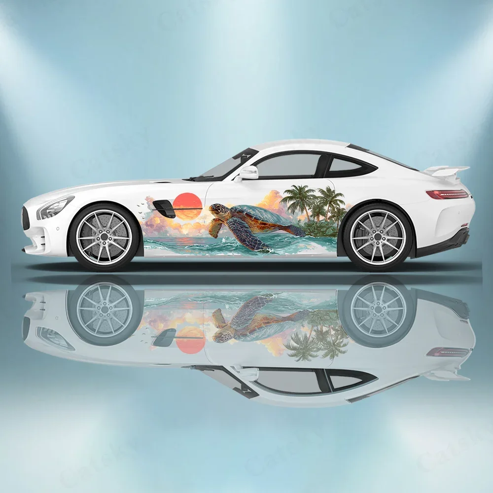 Turtle Tropical Sunset Car Vinyl Wrap Decal Selfadhesive PVC Anti Scratch Sticker Suitable for Trucks SUV Decor Auto Accessories