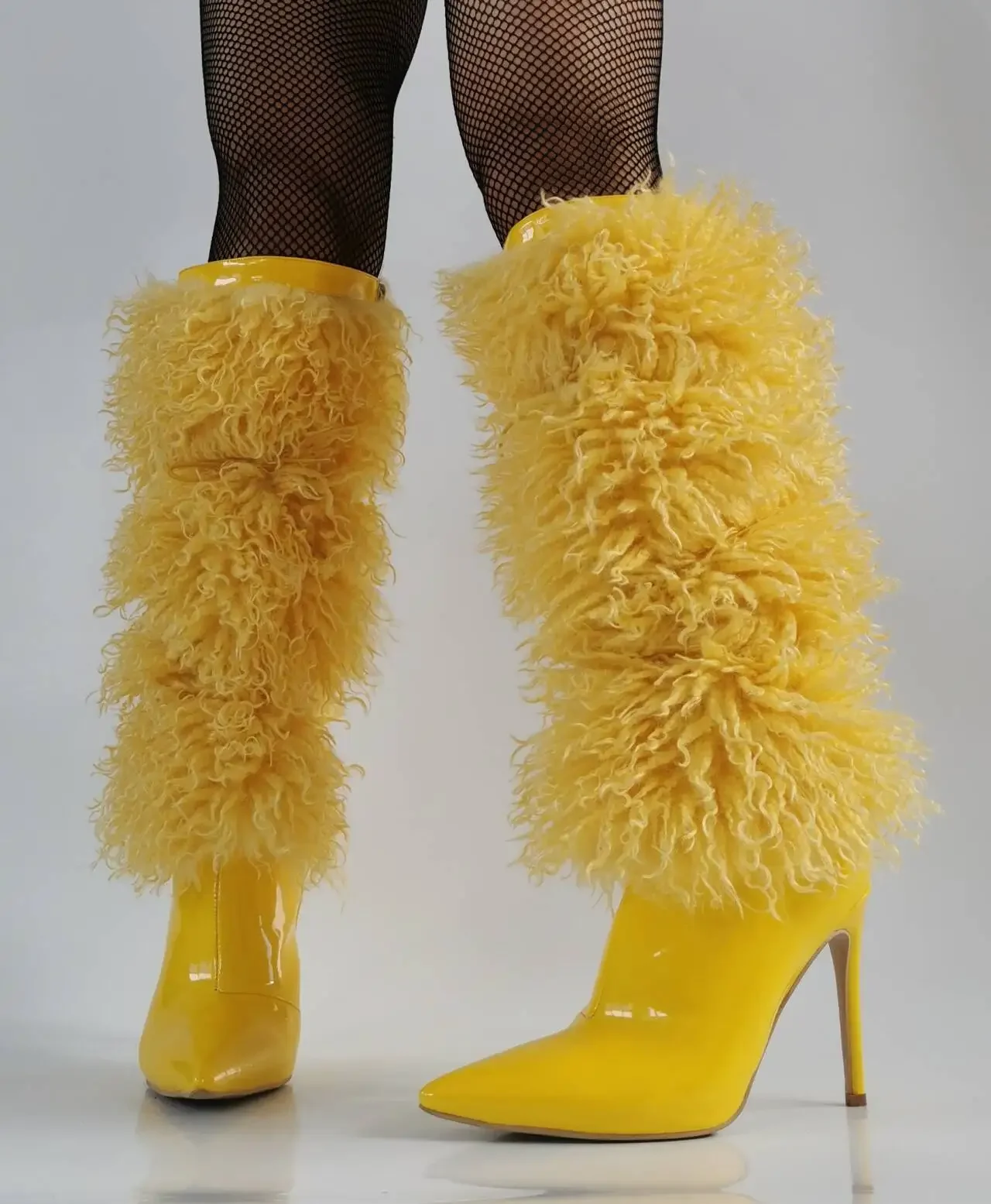 2026 New Fluffy Knee High Women Boots Pointed Toe Thin High Heel Fashion Catwalk Long Boots Black Hair Stage Party Boots
