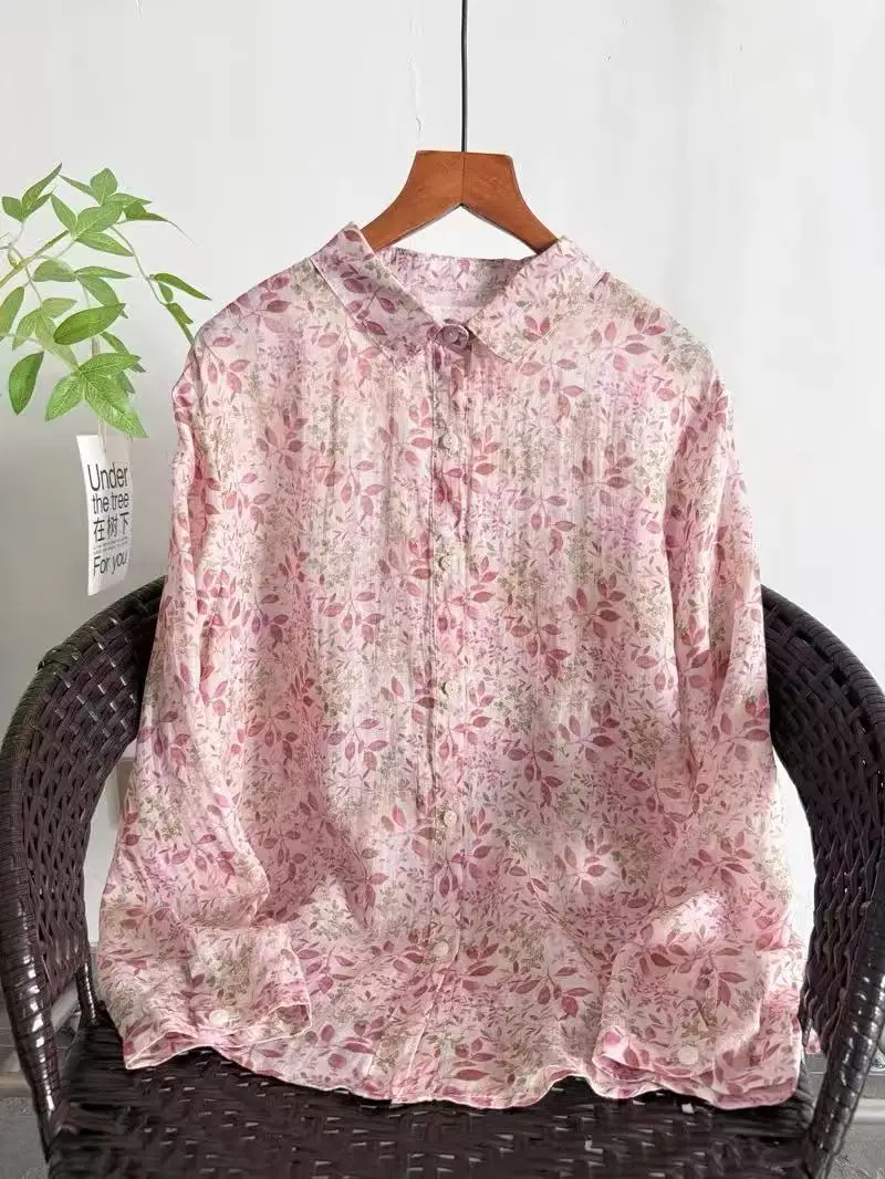 Fall clothes 2026 women Japanese retro cotton linen shirts and blouses ramie long sleeve floral tops linen women\'s clothing