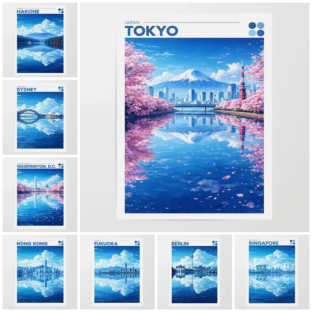 Minimalism City Skyline Posters Singapore Hakone Japan Mount Fuji Sydney Opera House Prints Canvas Wall Pictures Home Room De