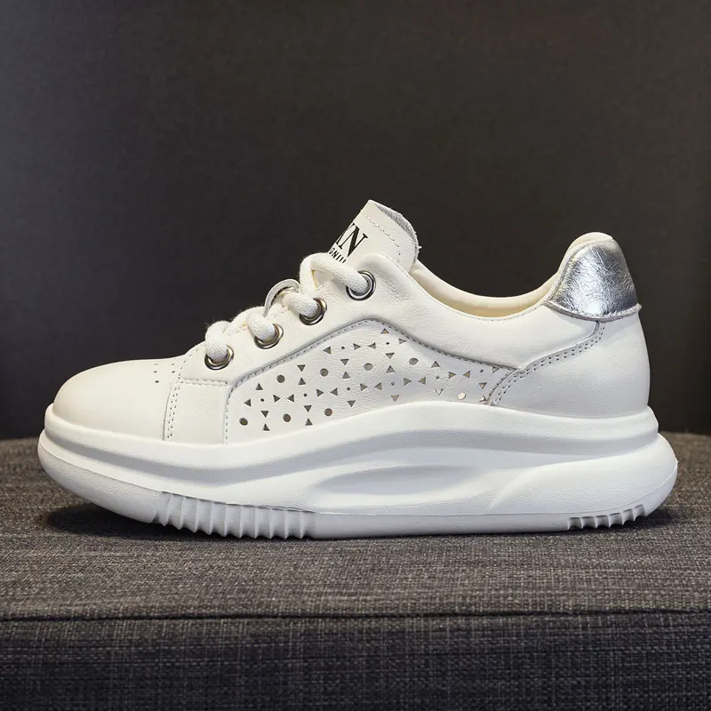 DRKANOL Women Thick Sole Platform Casual Shoes Summer Hollow Breathable Genuine Leather Lace-Up Wedges Lightweight White Shoes