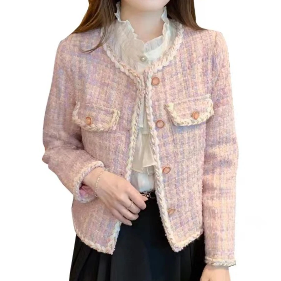 Tienda Traf Giacca da donna in lana rosa scozzese Abbigliamento esterno Giacca corta a righe intrecciate Primavera Autunno Abito in tweed grossolano