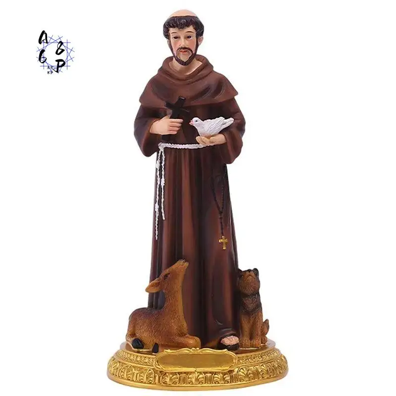 A68P-St Francis Statue Hand Painted Resin Statue Figurine With Doves Crosss Desktop Sculpture Ornament Christmas Gift Home