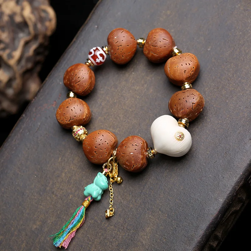 

Natural peach stone carved heart bracelet, single-circle Buddha beads, ivory fruit, peach, Aquarius, dZi beads, turquoise, pony