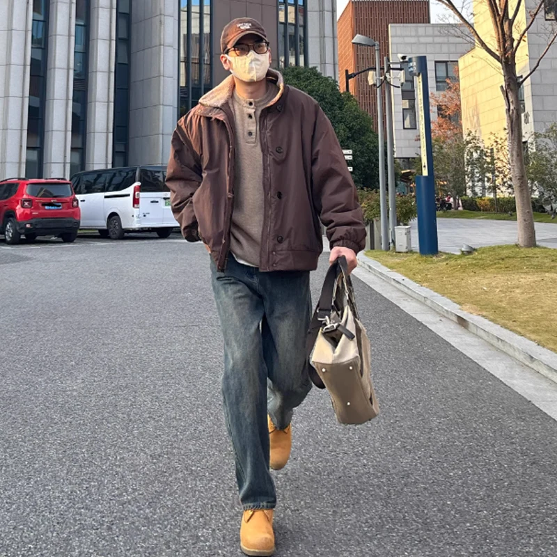 

Теплая зимняя куртка в американском ретро-стиле, свободного кроя, с подкладкой из овечьей шерсти, воротником-стойкой, ветрозащитная, для молодежи, в стиле рабочей одежды.