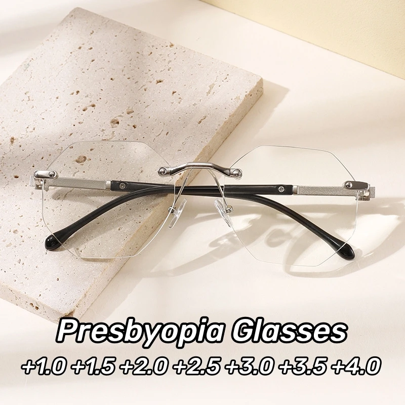 

Polygon Men Business Presbyopia Eyeglasses Rimless Cutting Reading Glasses Blocking Blue Light Computer eyeglasses +1.0 to +4.0