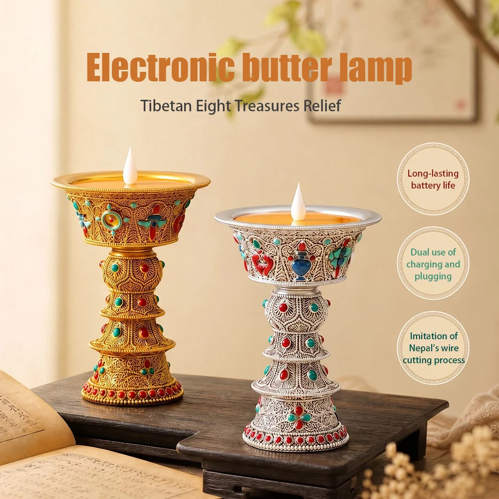 Tibetan Nepalese-Style Filigree Resin Electronic Butter Lamp, LED Realistic Flame Eternal Prayer Lamp for Home Buddhist Altar