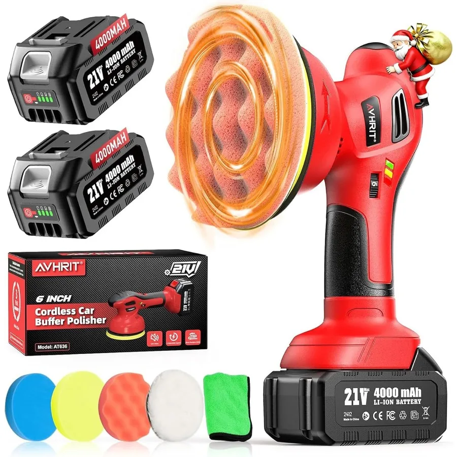

6 Inch Cordless Car Buffer Polisher with 2x4000mAh Batteries and 8 mm Orbit Block 6 Speed Control 2500-6000 RPM for Professiona