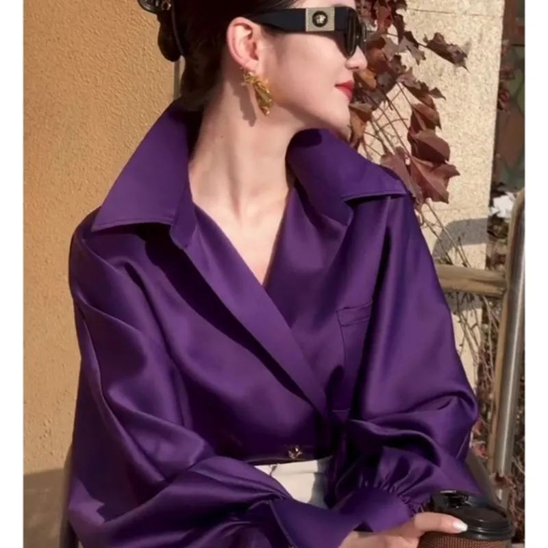 

Fashionable Elegant Satin Purple Lantern Sleeve Shirt Women's New Loose Top