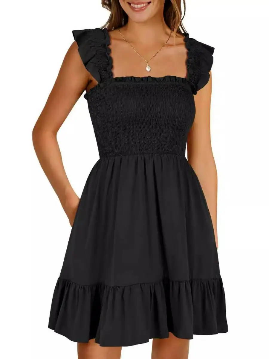 Novo Vestido de Verão F 2024, Vestido de Camadas com Cintura Alta, Costas Descobertas, Mangas Bufantes, Saia Curta, Mo...