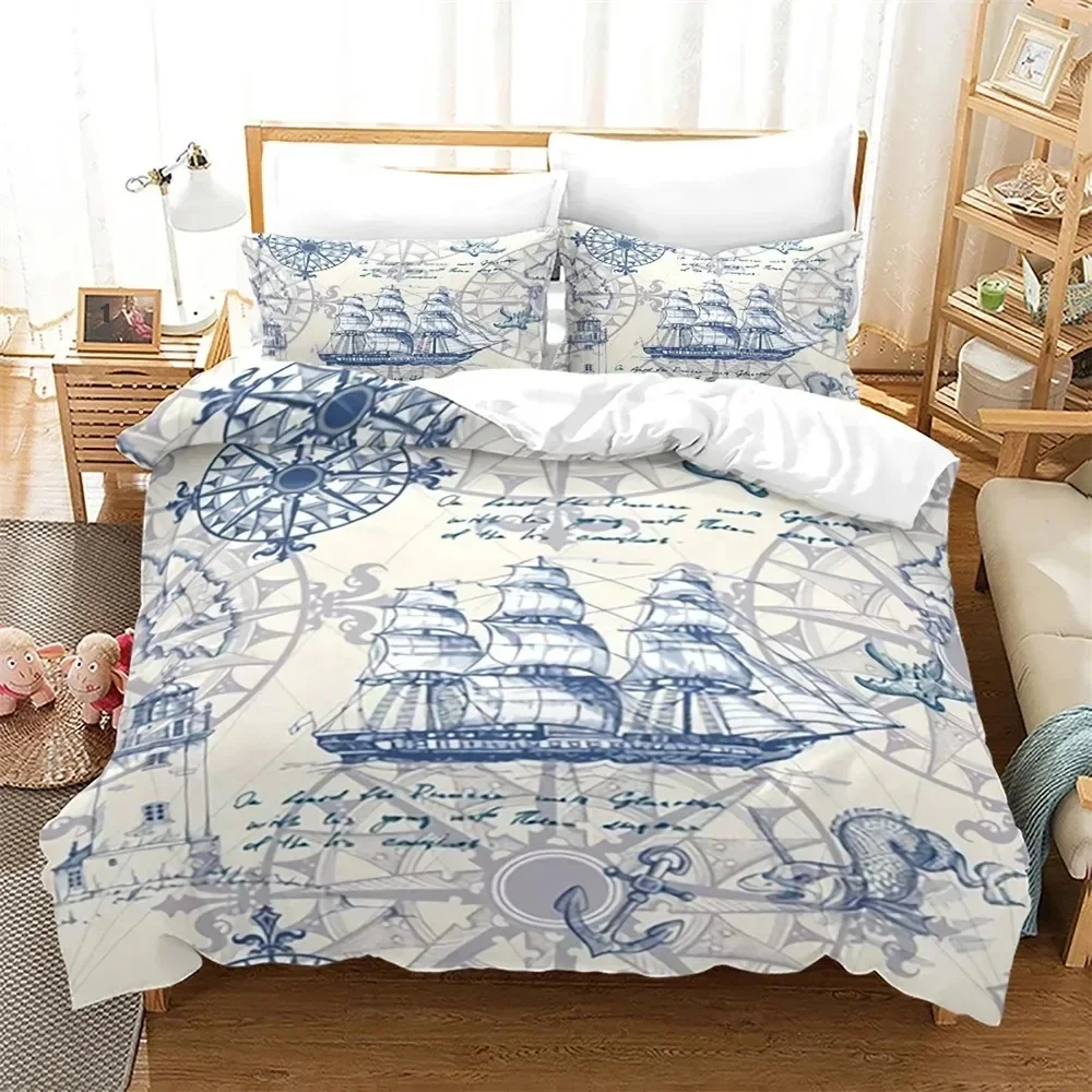 Pirate Ships Duvet Cover Set Vintage Nautical Style Comforter Cover Polyester Bedding Set Medieval Sailing Ship King Queen Size
