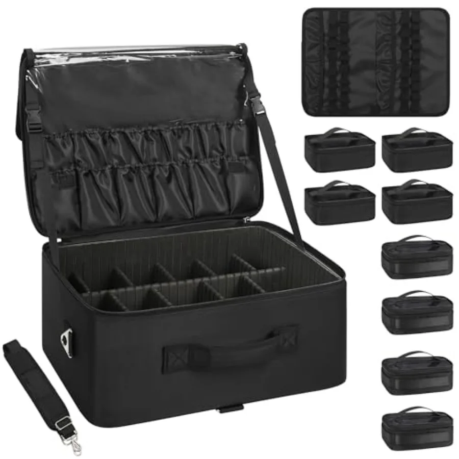

Extra Large Makeup Case Professional Cosmetic Storage Organizer Box with 8 Clear Set Bags Lipstick Plate in Transparent Color f