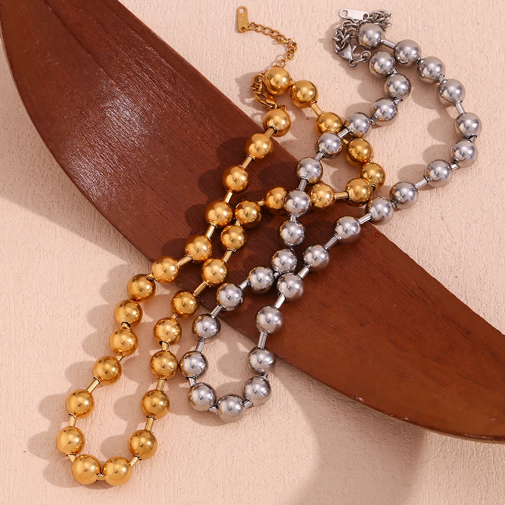 E.B.belle Halskette mit runden Perlen, schlicht, hypoallergen, silberfarben, 316L-Edelstahl, Schmuck, 18 Karat vergoldet, Dekoration – Detail 8