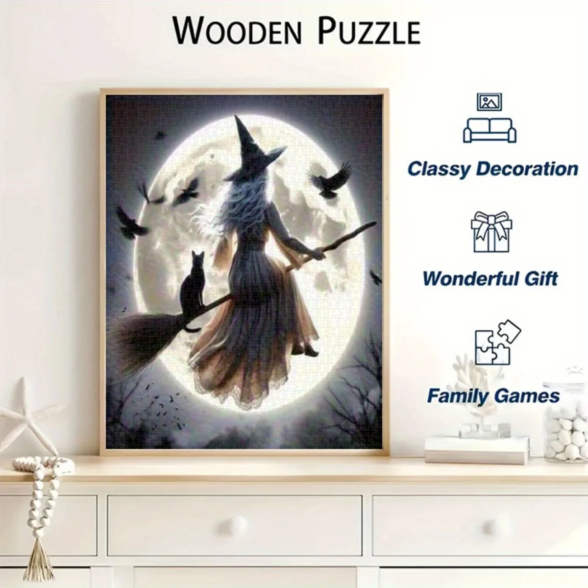 1000 piezas Bruja en palo de escoba, gato negro y corvos bajo la luna llena - Rompecabezas gótico de Halloween para adultos y familias - Rompecabezas grande