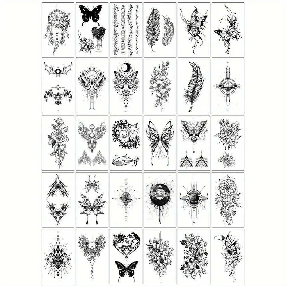 30pcs/set Waterproof Fake Tattoo for Girls Women Body Back Bat Dreamcatcher Feathers Heart Temporary Tattoos  tatuaje temporal