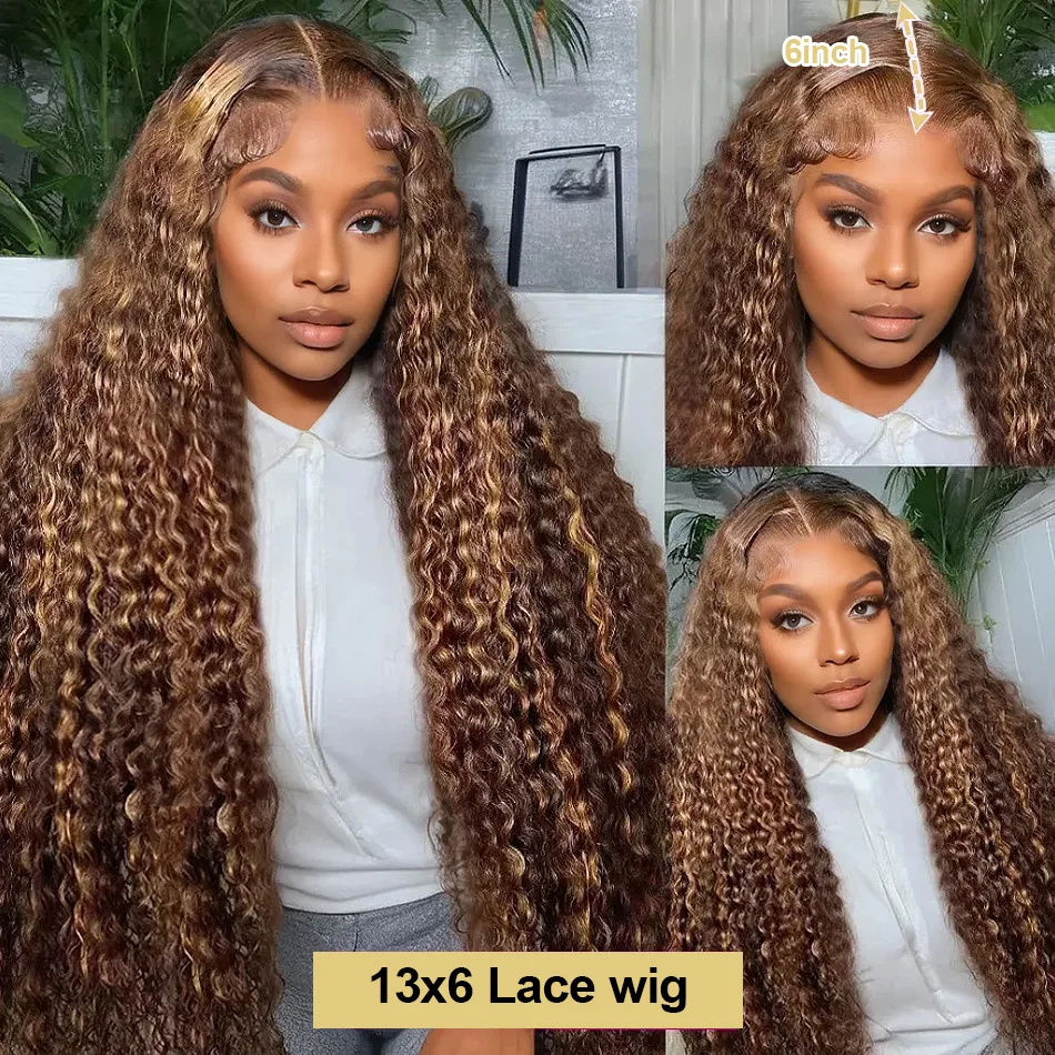 30 34 Inch Highlight Ombre Curly 13x4 Lace Front Wig 4/27 Brown Colored Deep Wave 13x6 HD Lace Frontal Human Hair Wigs