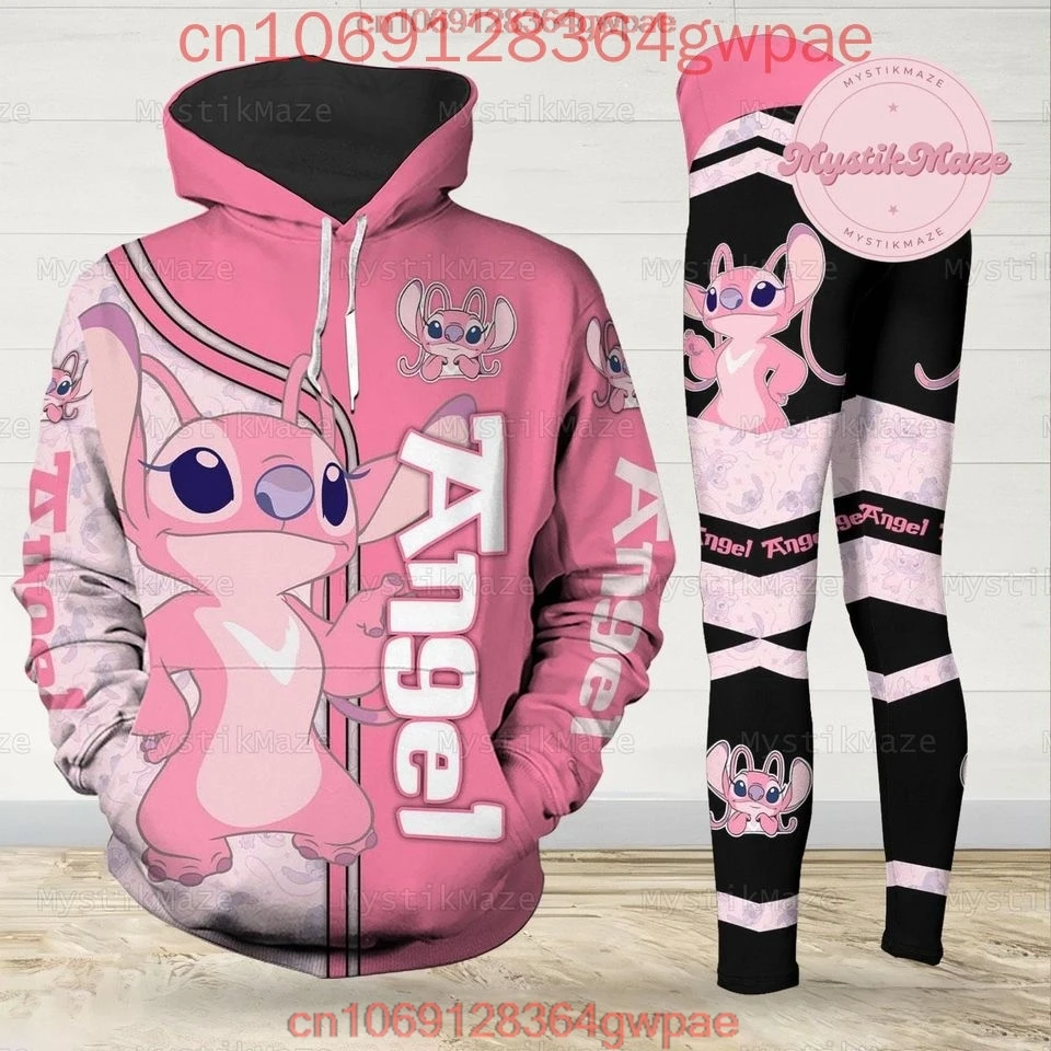 Custom Name Disney Angel Hoodie and Leggings Women's Set Sports Suit Disney Stitch Hoodie Yoga Pants Set Fashion Tracksuit Set