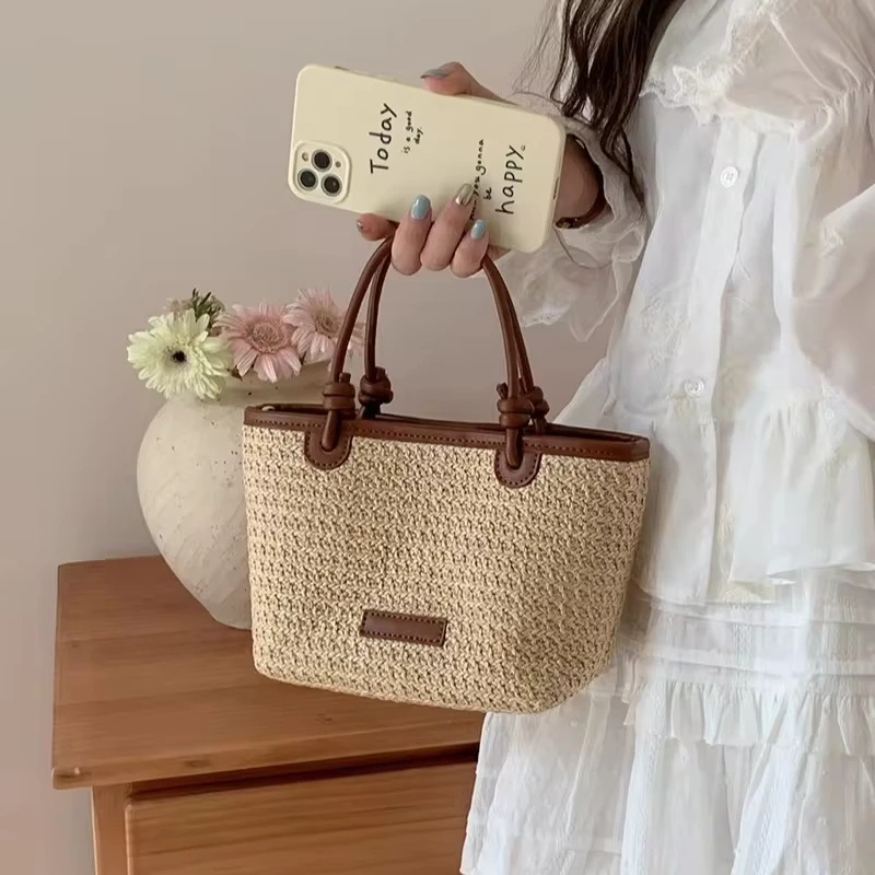 New Straw Woven Crossbody Bags For Women 2024 Summer Rattan Vacation Bucket Shoulder Bags Summer Seaside Beach Handheld Handbags