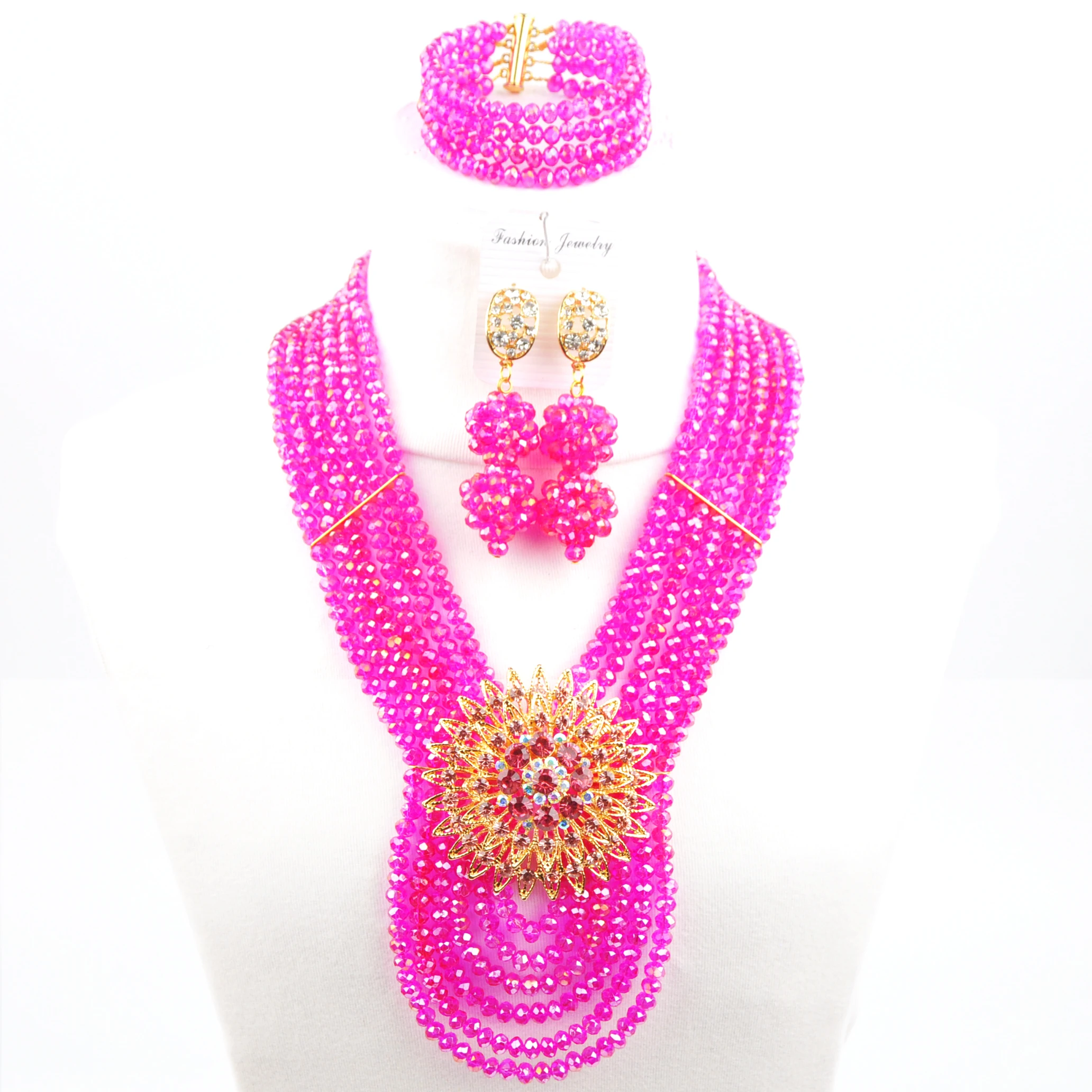 Fuchsia Pink Costume Necklace African Jewelry Set Crystal