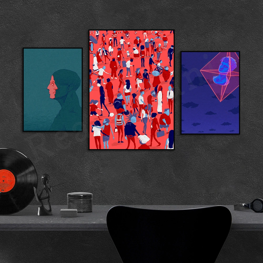 Two facing dual illustrations, multiple theme personality, world character culture and race diversity, mysterious poster