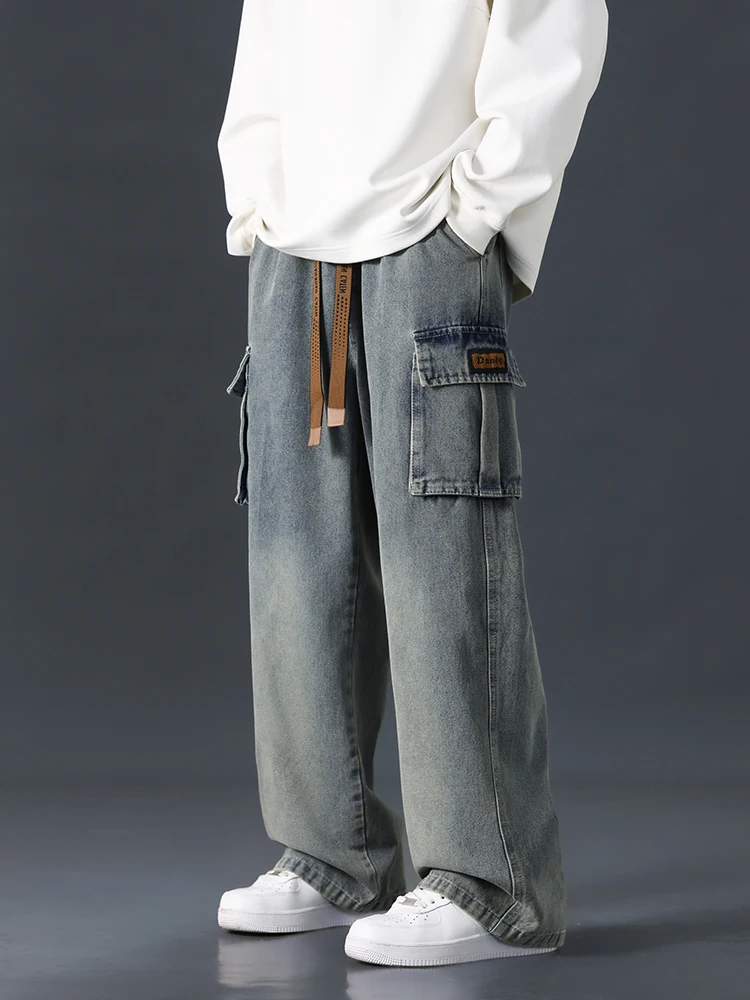 Plus Size Cargo Jeans Men Multi-Pockets String Banding Wide Leg Casual Denim Pants Male Straight Jean Trousers 6XL 7XL 8XL