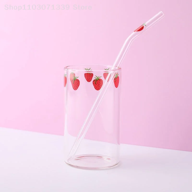 Ins Strawberry Glasses Heat Resistant Coffee Milk Water Cups with Straws Clear Cute Juice Smoothie Cold Drinks Straw Cup