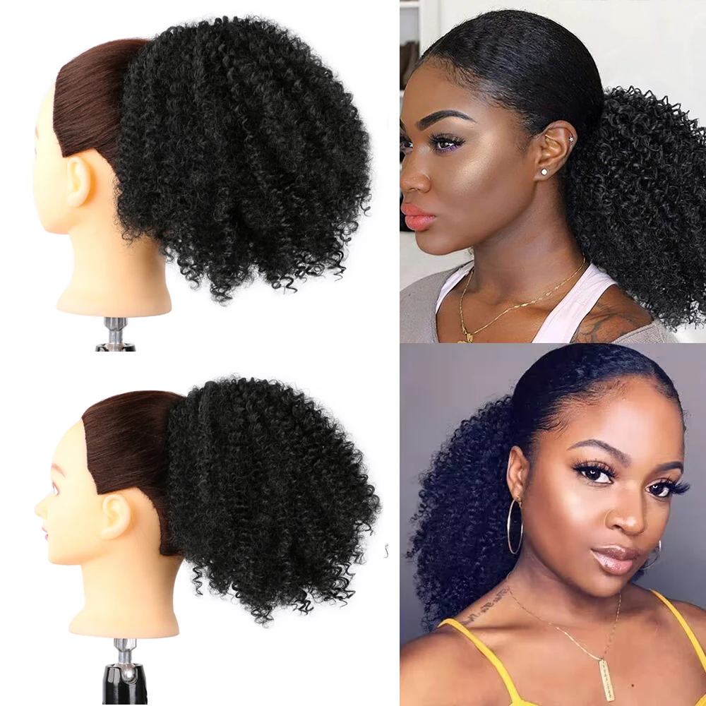 Afro Kinky Krullend Trekkoord Paardenstaart Synthetische Hair Extensions Pony Tail Clip In Haarstuk Voor Zwarte Vrouw Donkerbruin Haar