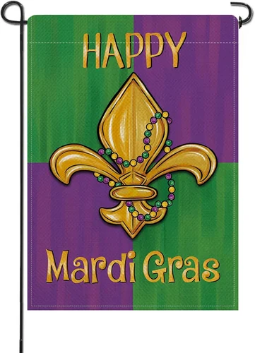 Happy Mardi Gras Fleur De Lis Small Decorative Garden Flag, New Orleans Carnival OOV IIC