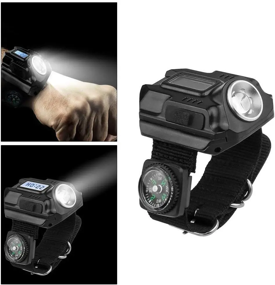 Portable Wrist Light with Compass Rechargeable Waterproof LED Flashlight Tactical Wristlight for Outdoor Running Hiking Camping