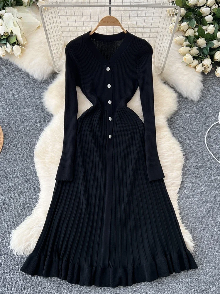 Autumn Winter Vintage Knitted Dress Women Sexy V-neck Button Elegant Long Dresses Ladies Long Sleeve Solid Long Robe Vestidos