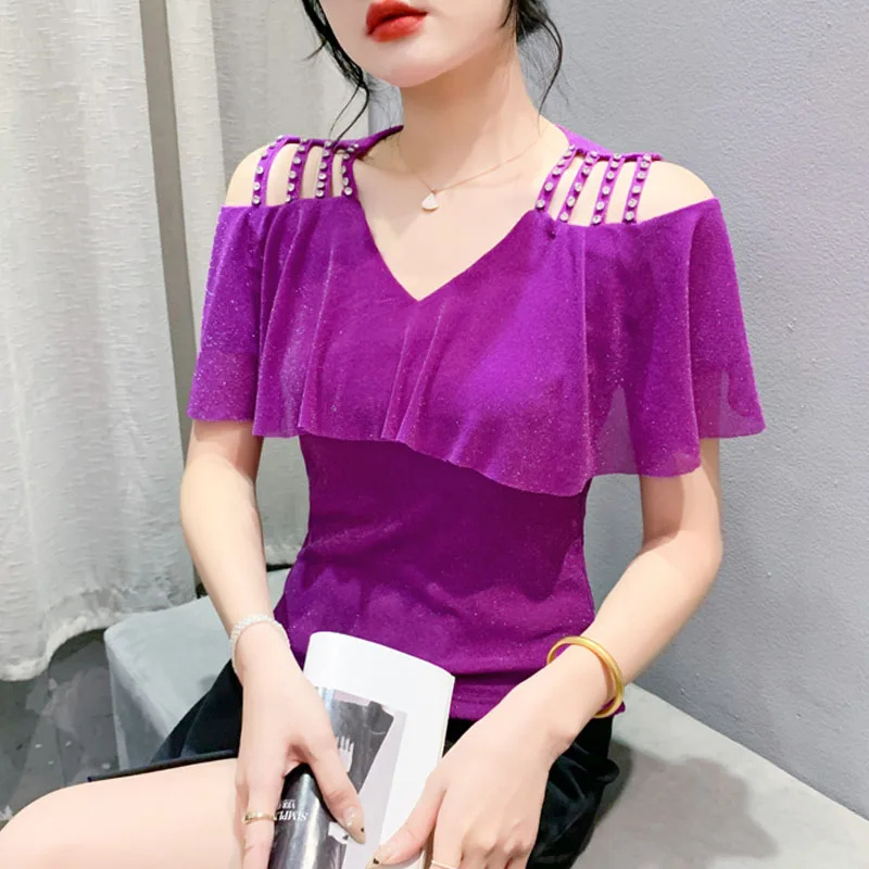 

Summer V-neck Mesh Tops Korean Fashion Short sleeved Women T shirt Sexy Off shoulder Diamond Buckle Bright Silk Shirt