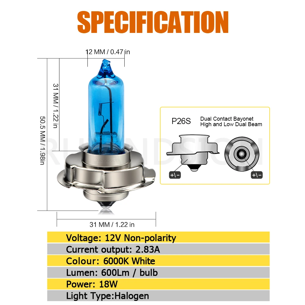 1pc Motorcycle Headlight Bulbs P26S Halogen Bulb 6V 12V 18W 25W 6000K White Fit For UTV Scooters Lamp Part Accessories
