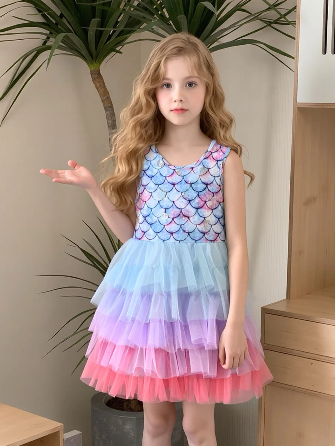 Little girl mermaid-style dress, featuring a shimmering scale-print sleeveless top + layered ruffled chiffon skirt. Perfect for