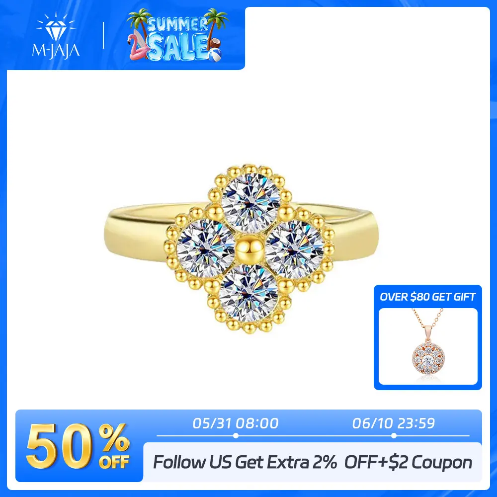 M-JAJA S925 Sterling Silver Moissanite Four-leaf Clover Ring for Women Wedding Band Couple Promise Engagement Ring Fine Jewelry