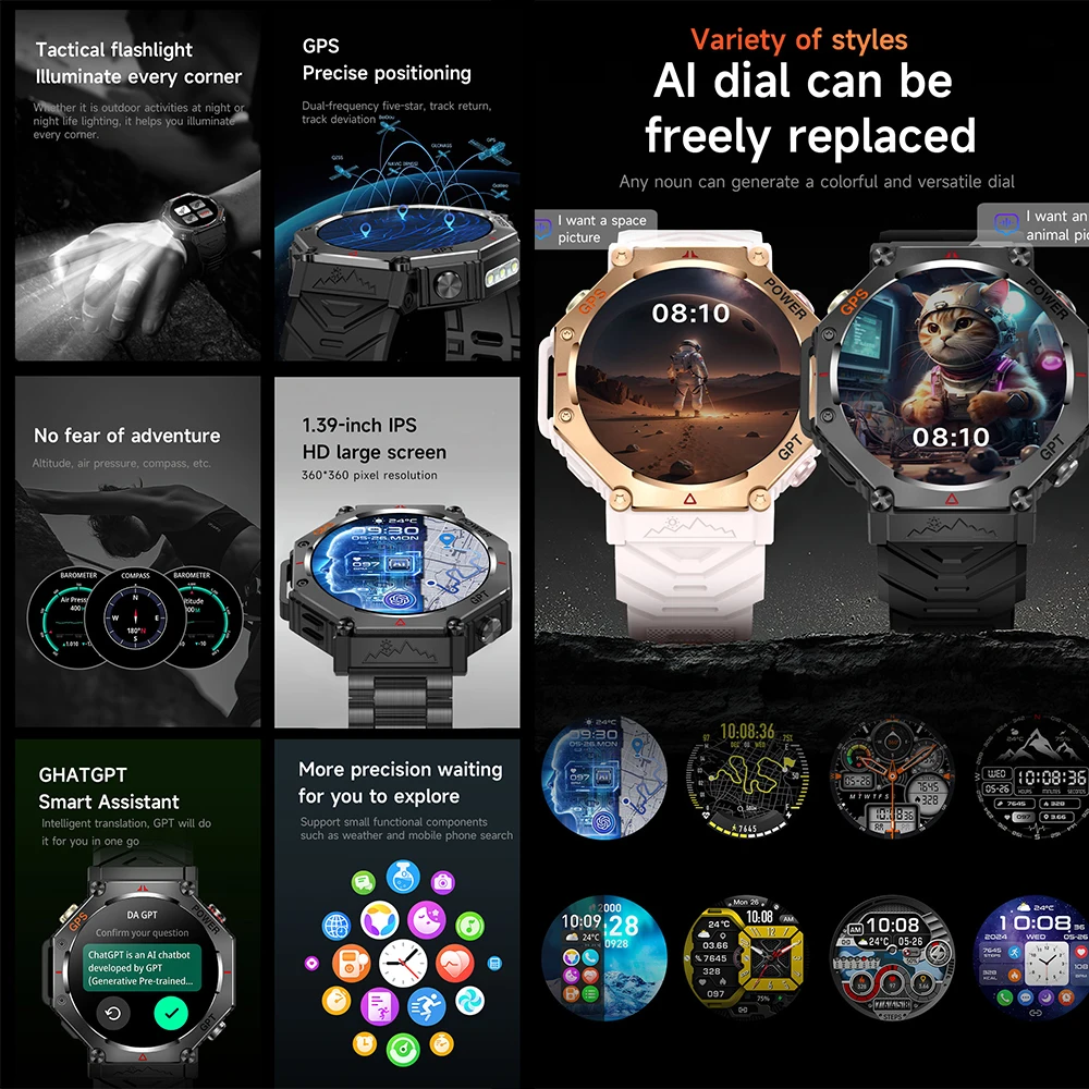 KC91 GPS تحديد المواقع ساعة ذكية في الهواء الطلق مصباح يدوي 1.39 "HD عرض AI ساعة الوجه GPT 3ATM مقاوم للماء بلوتوث دعوة Smartwatch #2