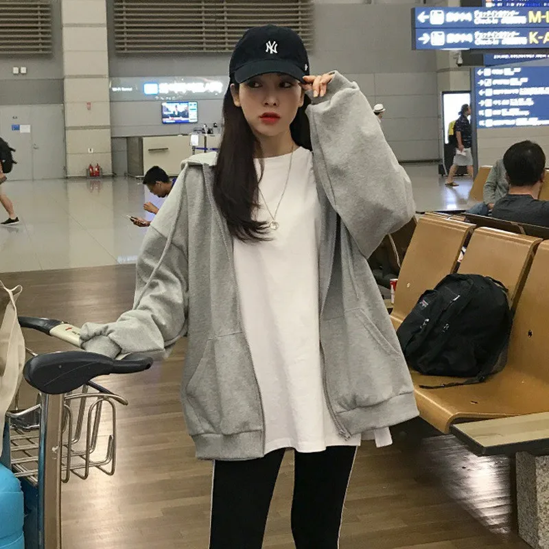 Grey Hoodie Women's Loose Korean Style Spring Autumn New Zipper Jacket Student Casual Sports Top Sweatshirt