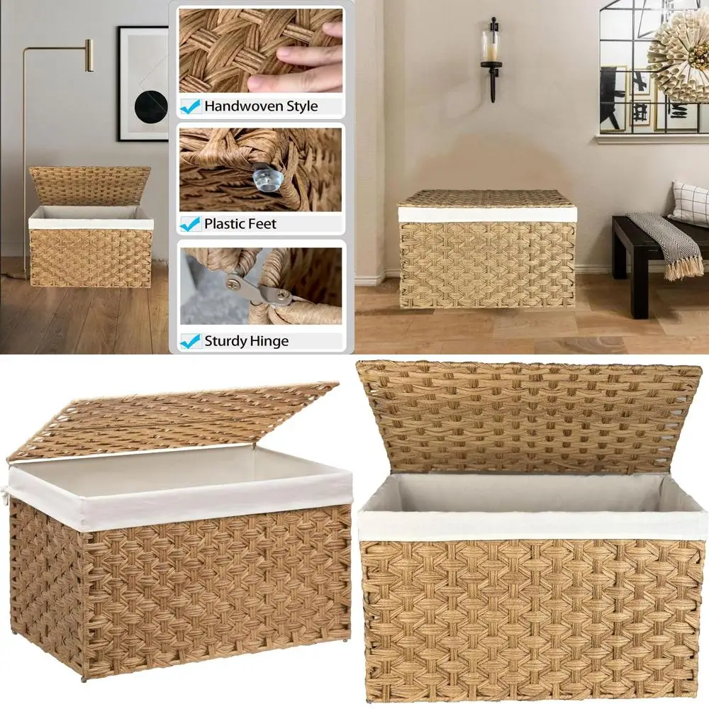 

Large 42.3 Gallon Woven Storage Basket with Lid, Removable Liner, Metal Frame, Foldable for Bedroom or Laundry Room, Natural