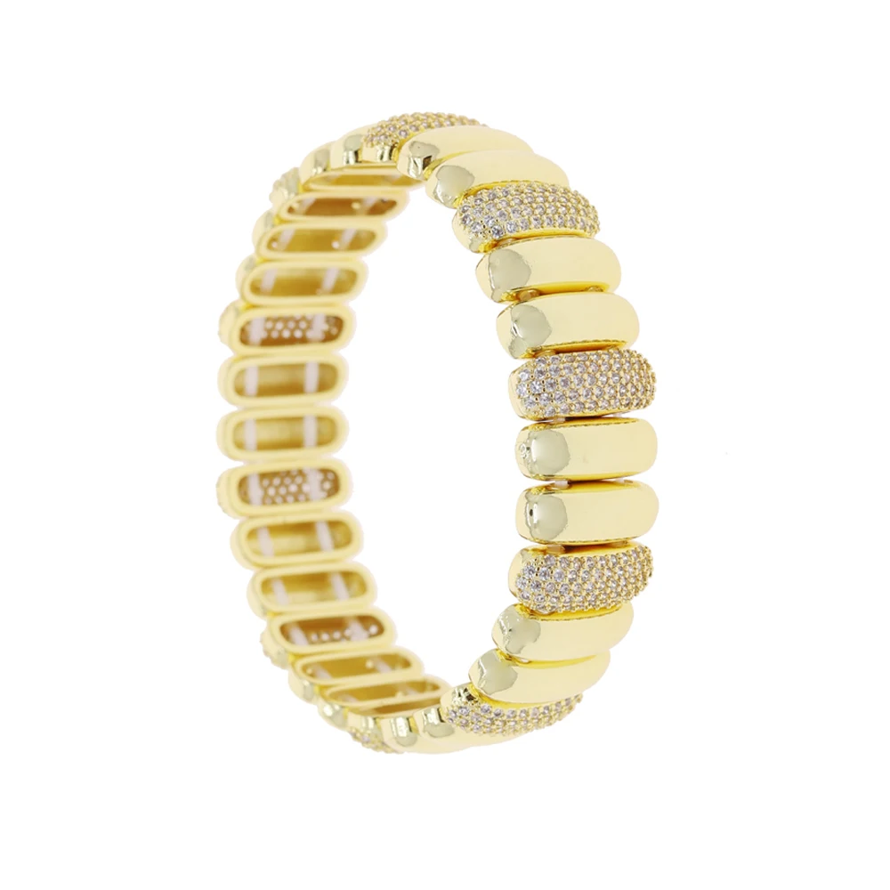 New Gold Color Chunky Stretchy Bracelet High Polished Shiny Paved CZ Curved Circle Geometric Adjusted Size Women Jewelry - view 3