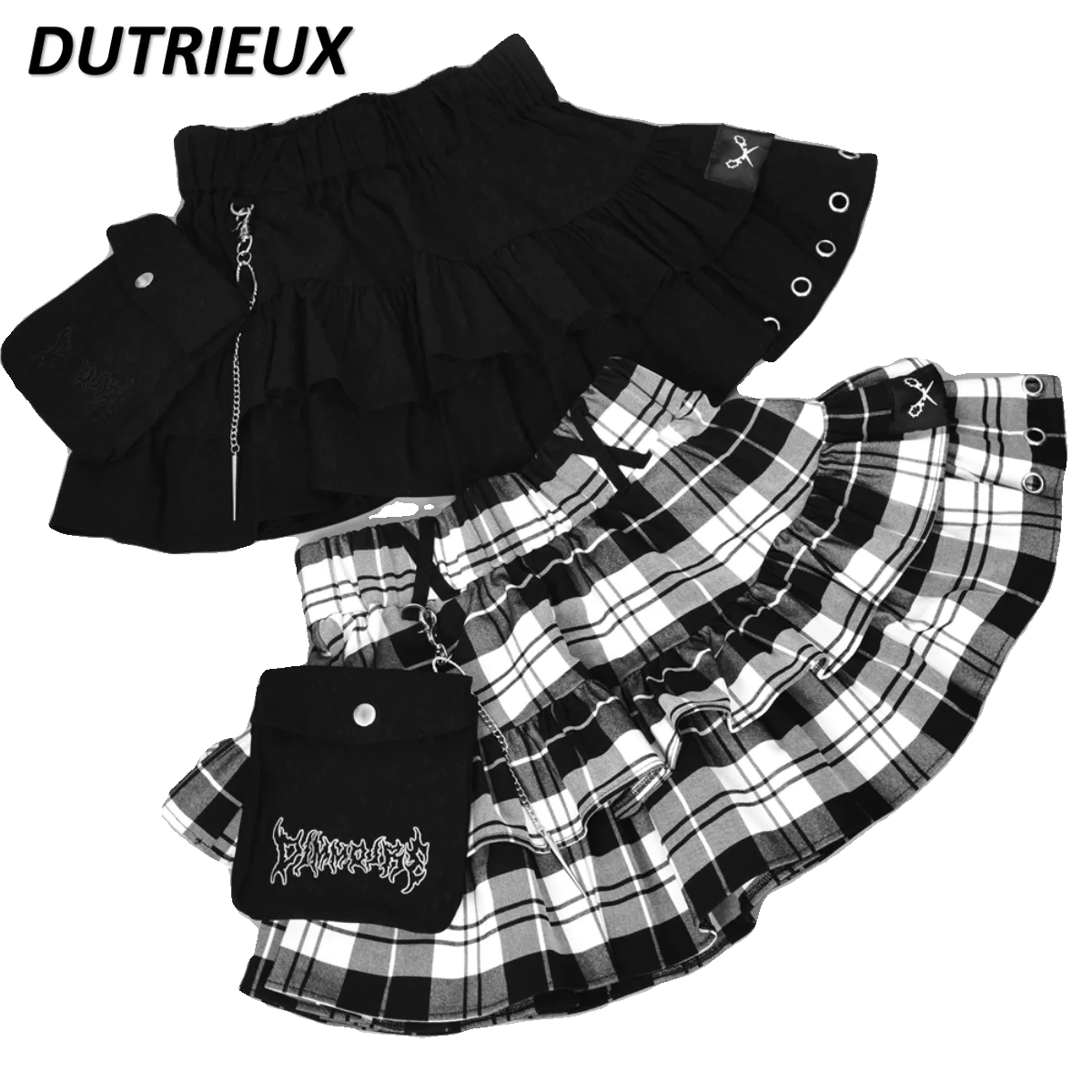 Japanese Harajuku Style Layered Ruffled Cake Pleated Skirt Women Fashion Lanyard Embroidered Pouch Elastic Waist Plaid Skirt Y2k